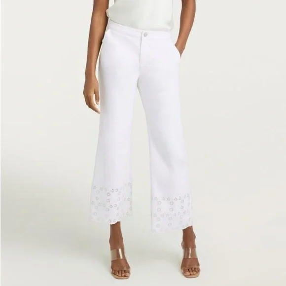 ❌Sold on eBay❌Cinq a Sept Floral Eyelet Amelia Wide Leg Denim Pant in White - Picture 2 of 7